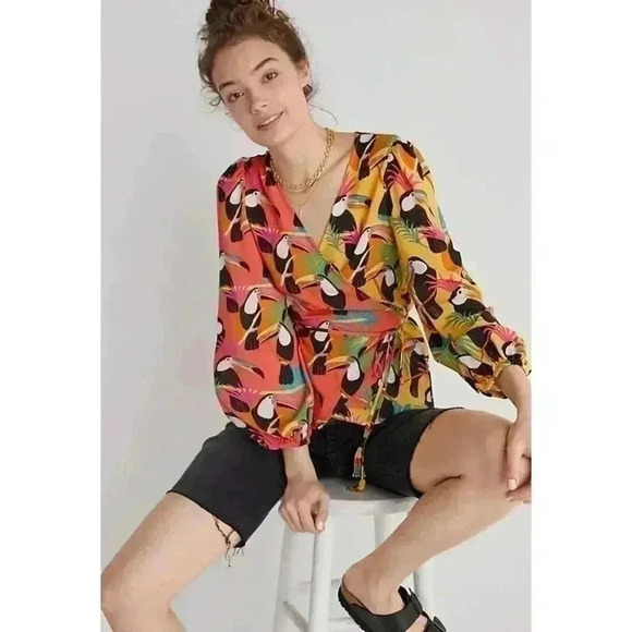 Farm Rio Anthropologie Rainforest Toucan Bird Wrap Shirt Blouse tassel beaded